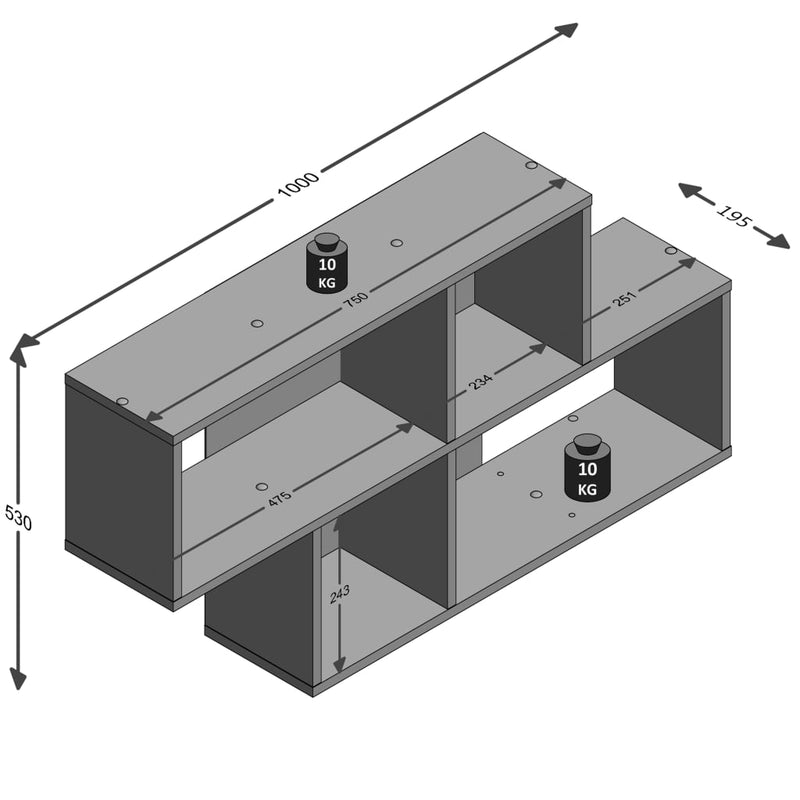 FMD Wandregal mit 4 Fächern Betonoptik und Weiß