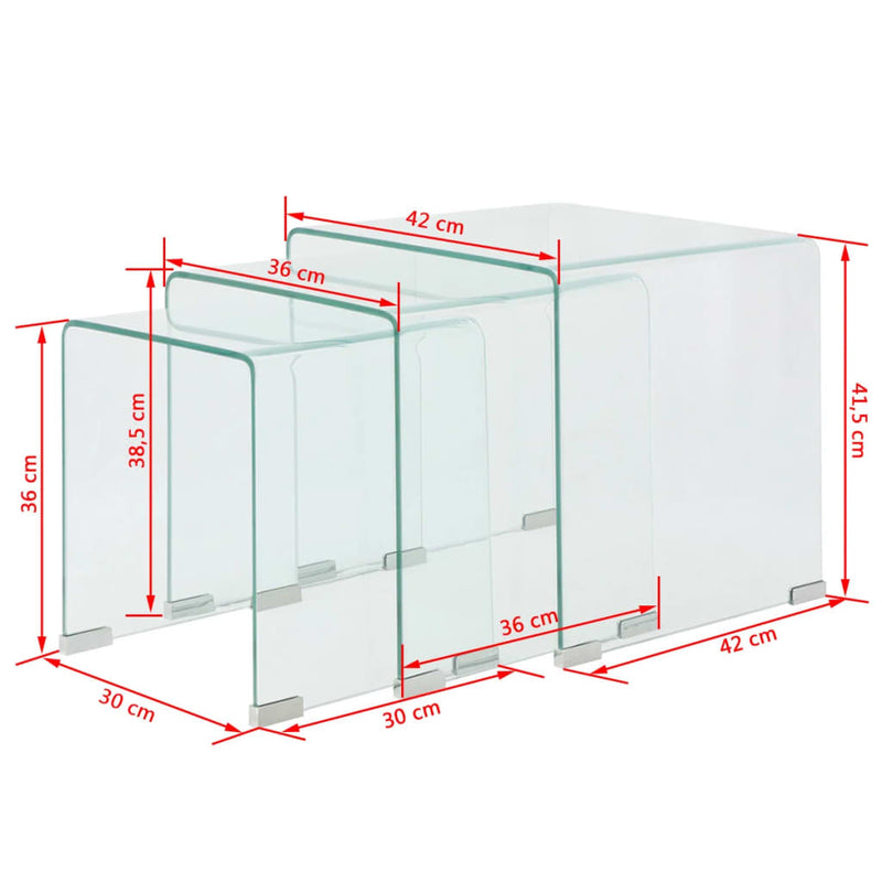 Dreiteiliges Satztisch-Set aus gehärtetem Glas Transparent