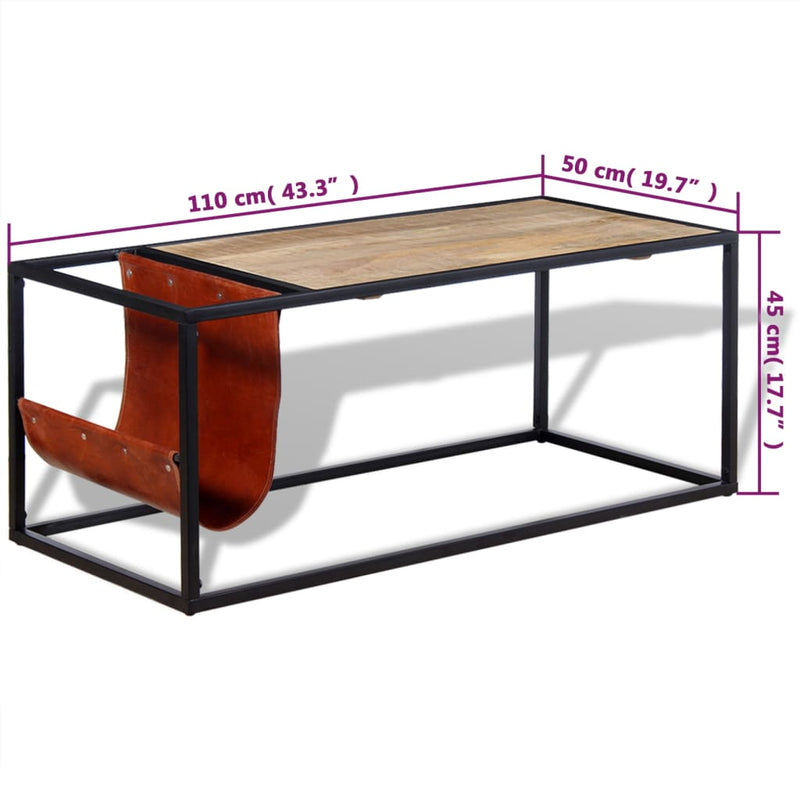 Couchtisch mit Zeitschriftenhalter aus Echtleder 110x50x45 cm