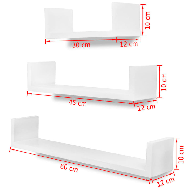 3-tlg. Wandregal-Set U-Form für Bücher DVD MDF Weiß