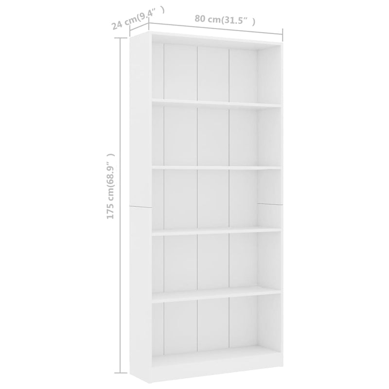 Bücherregal 5 Fächer Weiß 80x24x175 cm Holzwerkstoff