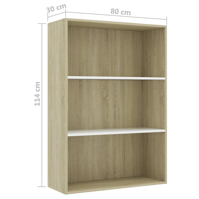 Bücherregal 3 Fächer Weiß Sonoma-Eiche 80x30x114 Holzwerkstoff