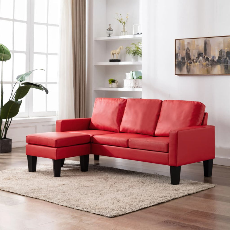 3-Sitzer-Sofa mit Hocker Rot Kunstleder