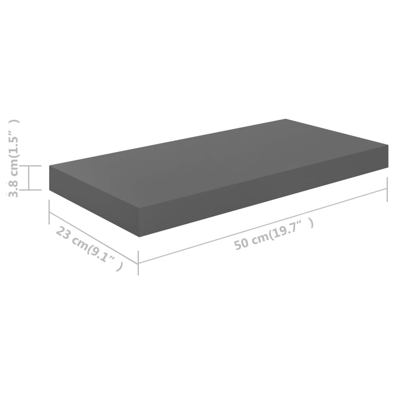 Schweberegale 2 Stk. Hochglanz-Grau 50x23x3,8 cm MDF