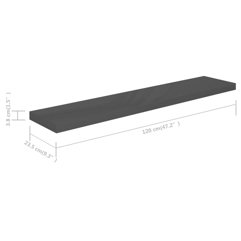 Schweberegal Hochglanz-Grau 120x23,5x3,8 cm MDF