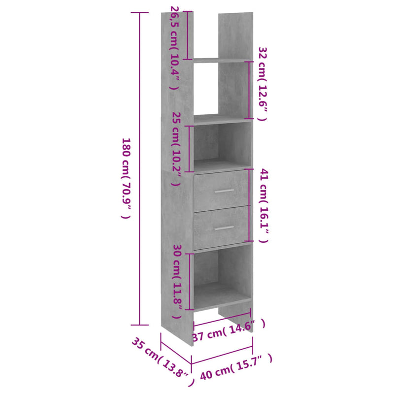 Bücherregal Betongrau 40x35x180 cm Holzwerkstoff