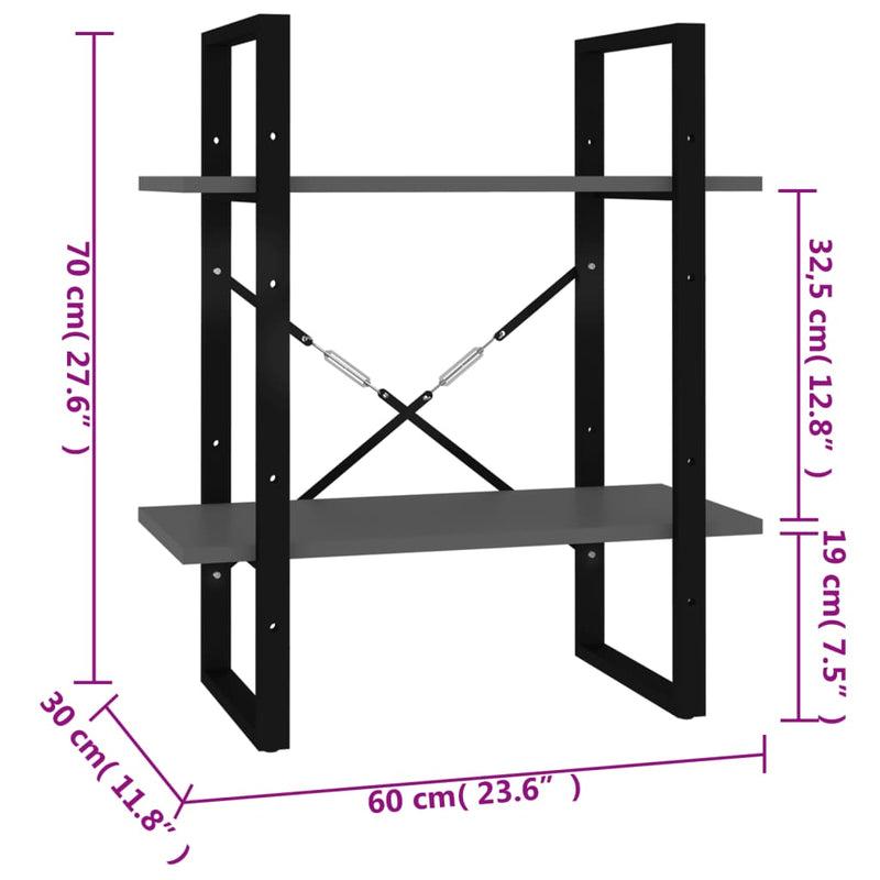 Bücherregal 2 Fächer Grau 60x30x70 cm Holzwerkstoff