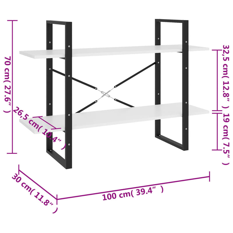 Bücherregal 2 Fächer Weiß 100x30x70 cm Holzwerkstoff