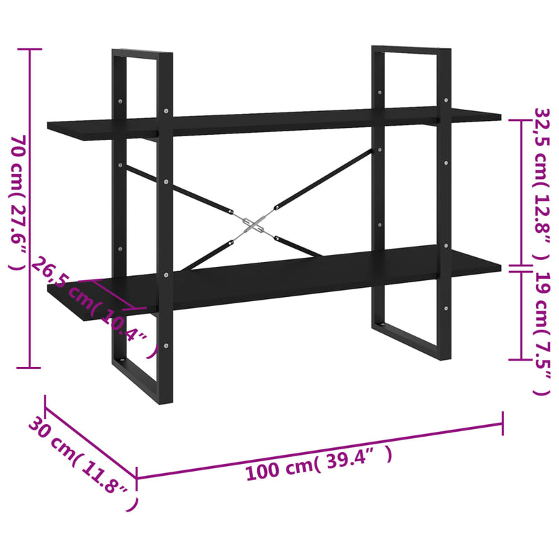 Bücherregal 2 Fächer Schwarz 100x30x70 cm Holzwerkstoff