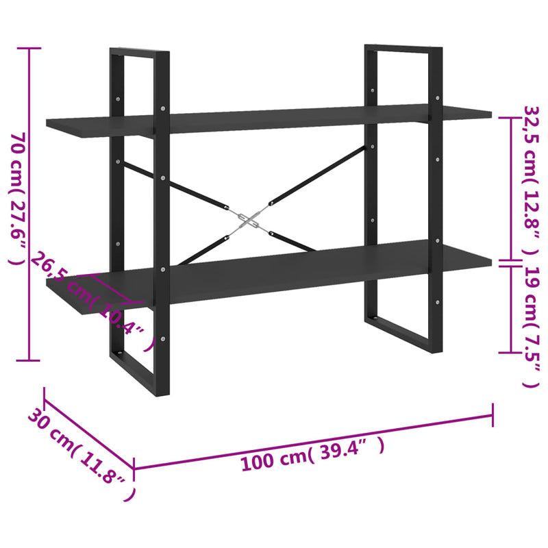 Bücherregal 2 Fächer Grau 100x30x70 cm Holzwerkstoff