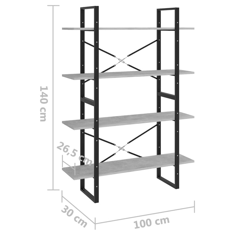 Bücherregal 4 Fächer Betongrau 100x30x140 cm Holzwerkstoff