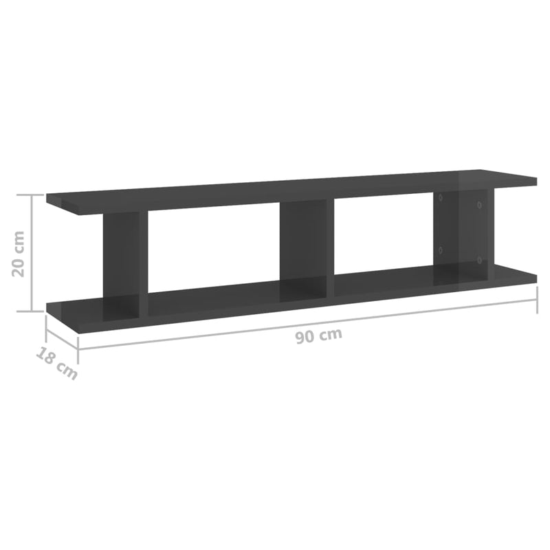 Wandregale 2 Stk. Hochglanz-Grau 90x18x20 cm Holzwerkstoff