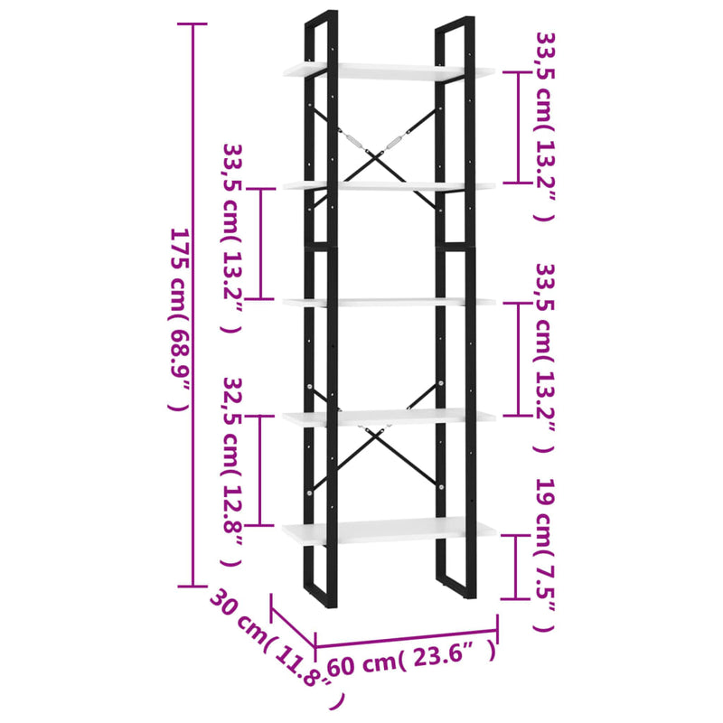 Bücherregal 5 Fächer Weiß 60x30x175 cm Holzwerkstoff