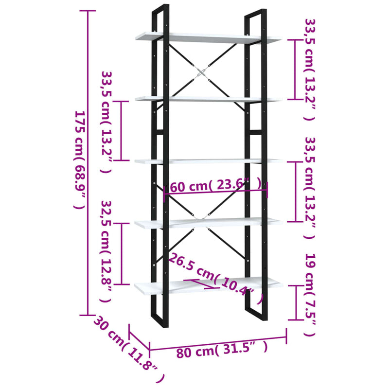 Bücherregal 5 Fächer Weiß 80x30x175 cm Holzwerkstoff