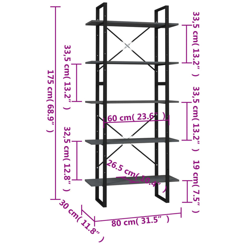 Bücherregal 5 Fächer Grau 80x30x175 cm Holzwerkstoff