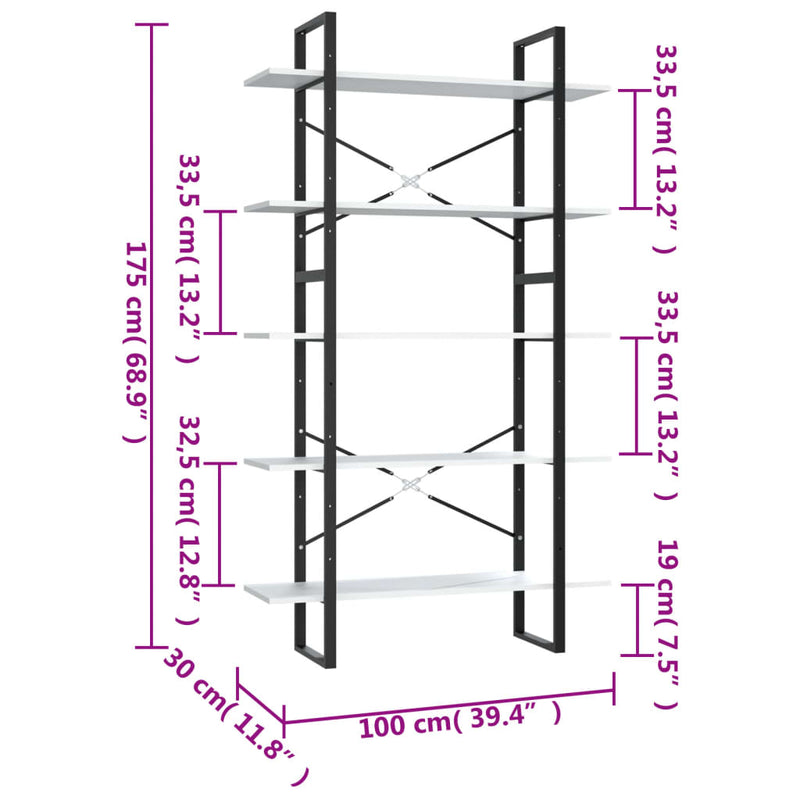 Bücherregal 5 Fächer Weiß 100x30x175 cm Holzwerkstoff