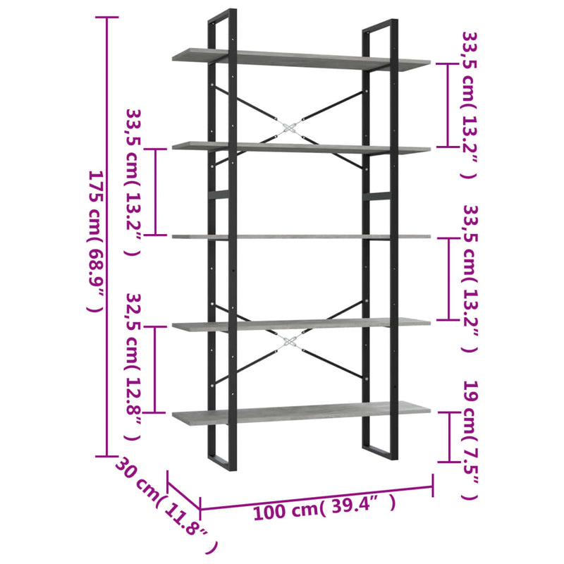 Bücherregal 5 Fächer Betongrau 100x30x175 cm Holzwerkstoff