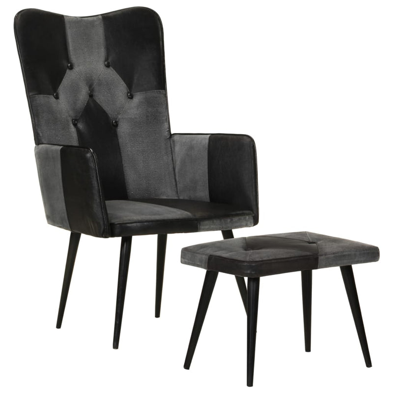 Sessel mit Hocker Schwarz Echtleder und Canvas