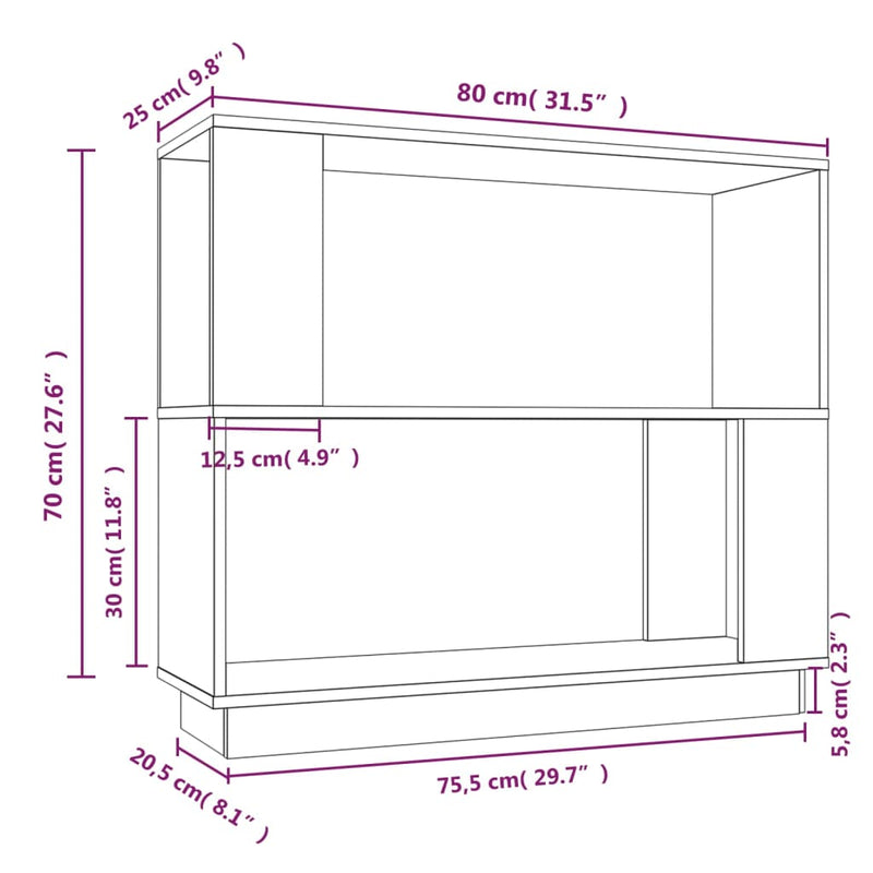 Bücherregal/Raumteiler Schwarz 80x25x70 cm Massivholz Kiefer