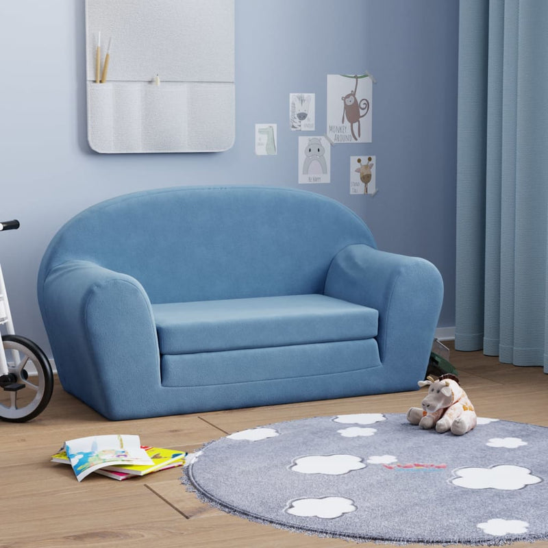 2-Sitzer Kindersofa mit Schlaffunktion Blau Weicher Plüsch