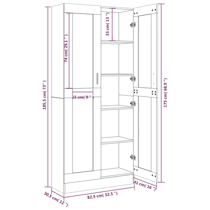 Vitrinenschrank Braun Eichen-Optik 82,5x30,5x185,5 cm