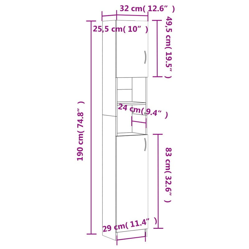 Badezimmerschrank Braun Eiche 32x25,5x190 cm Holzwerkstoff