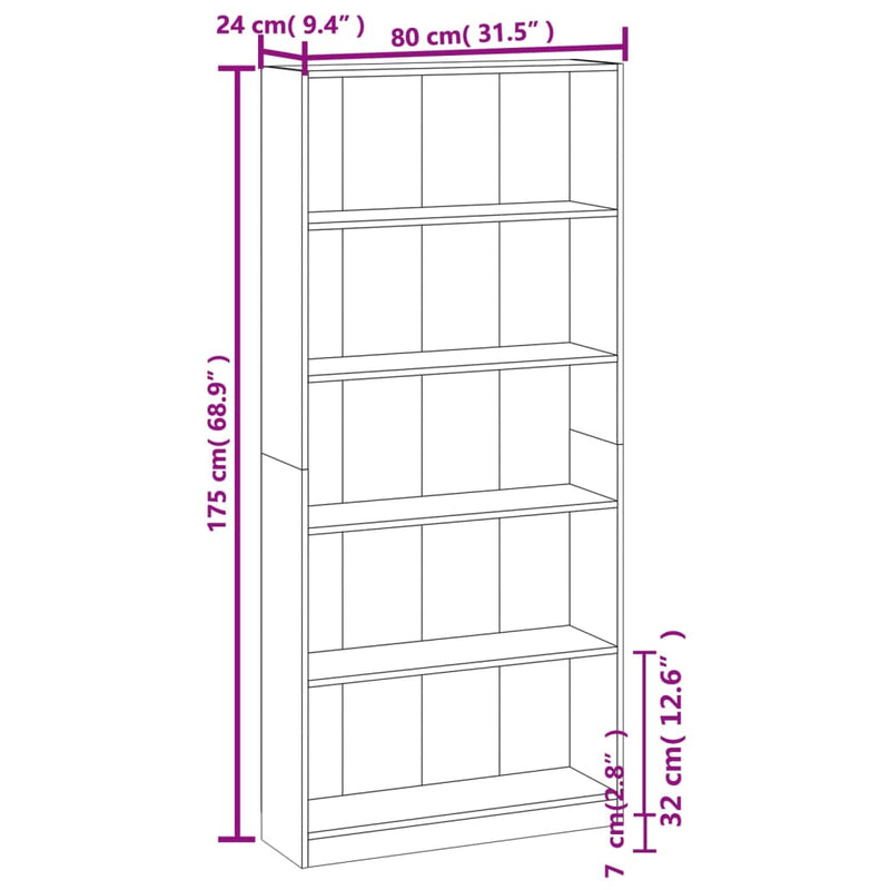 Bücherregal 5 Fächer Grau Sonoma-Eiche 80x24x175 Holzwerkstoff