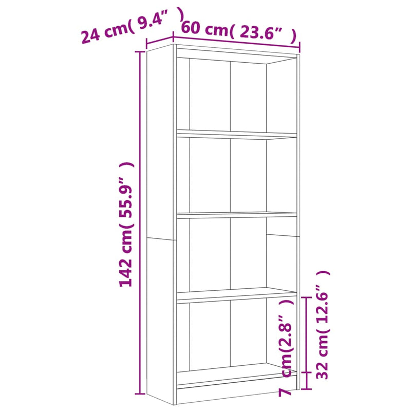 Bücherregal 4 Fächer Räuchereiche 60x24x142 cm Holzwerkstoff