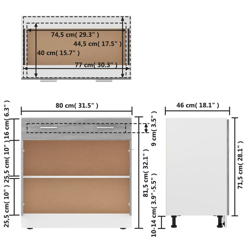 Unterschrank mit Schublade Grau Sonoma 80x46x81,5 cm