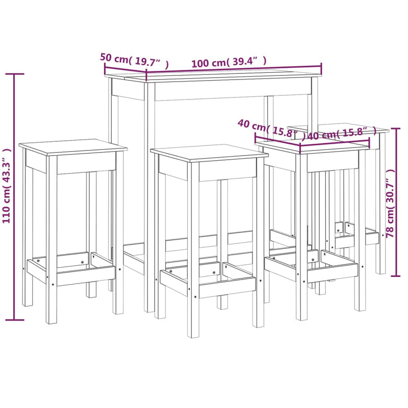 5-tlg. Bar-Set Schwarz Massivholz Kiefer