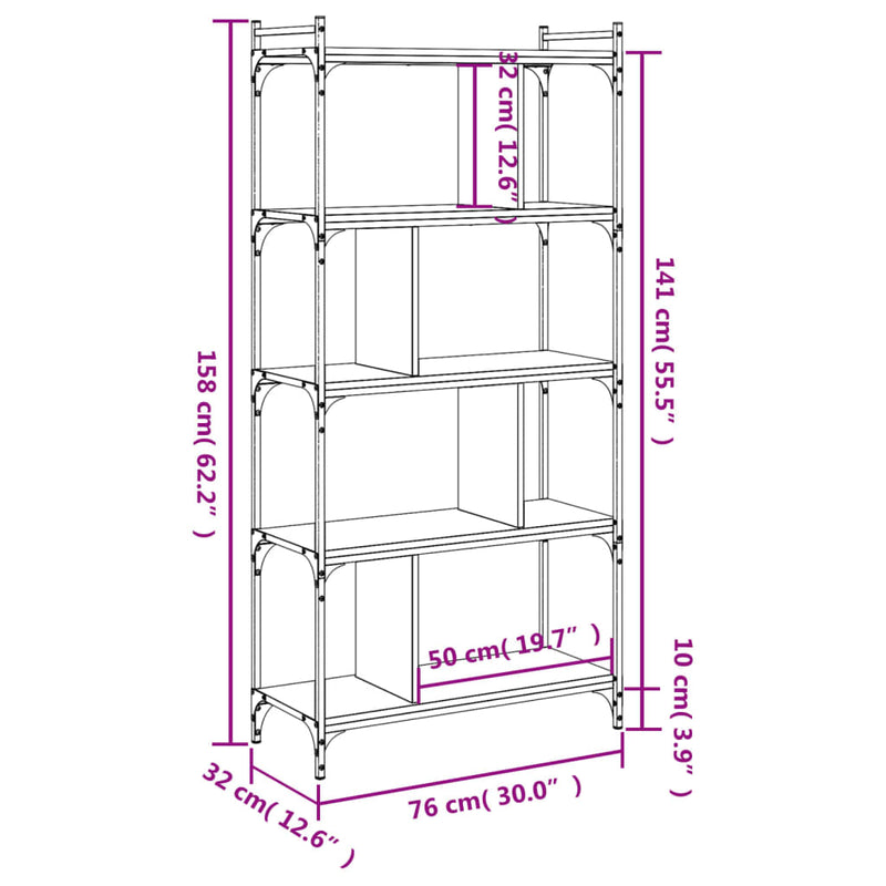 Bücherregal 5 Böden Schwarz 76x32x158 cm Holzwerkstoff