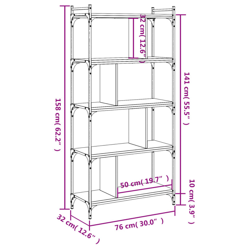 Bücherregal 5 Böden Räuchereiche 76x32x158 cm Holzwerkstoff