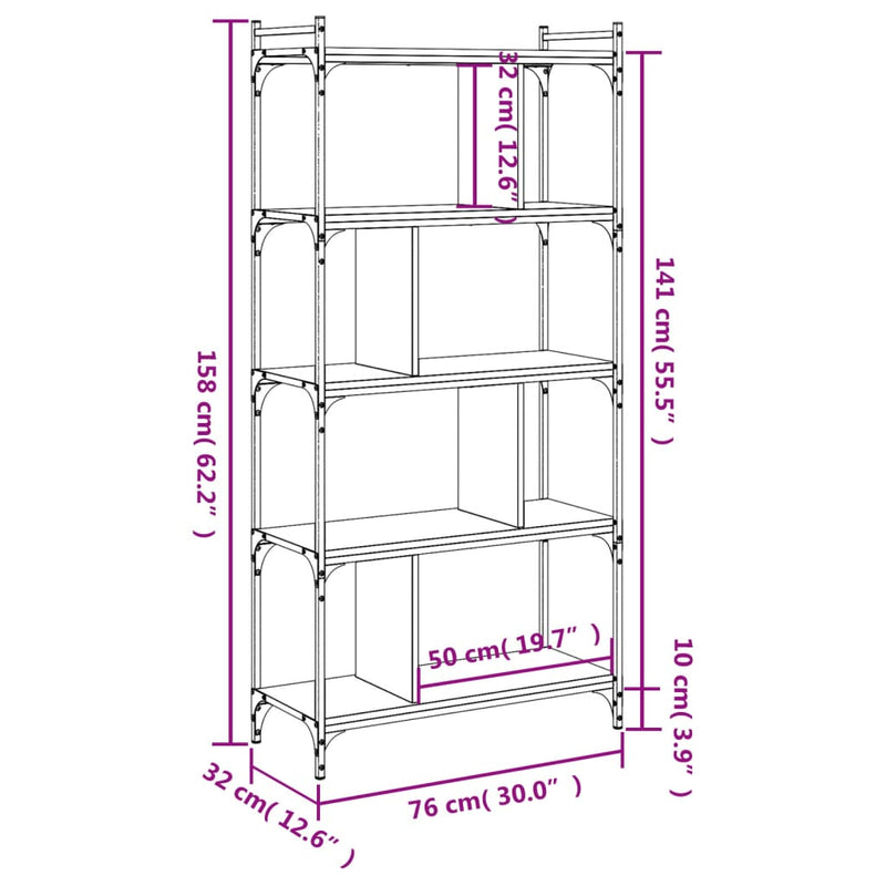 Bücherregal 5 Böden Braun Eiche-Optik 76x32x158cm Holzwerkstoff