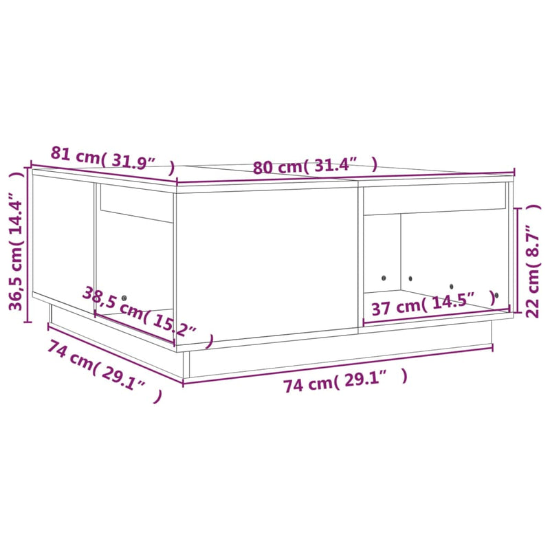 Couchtisch Schwarz 80x81x36,5 cm Massivholz Kiefer