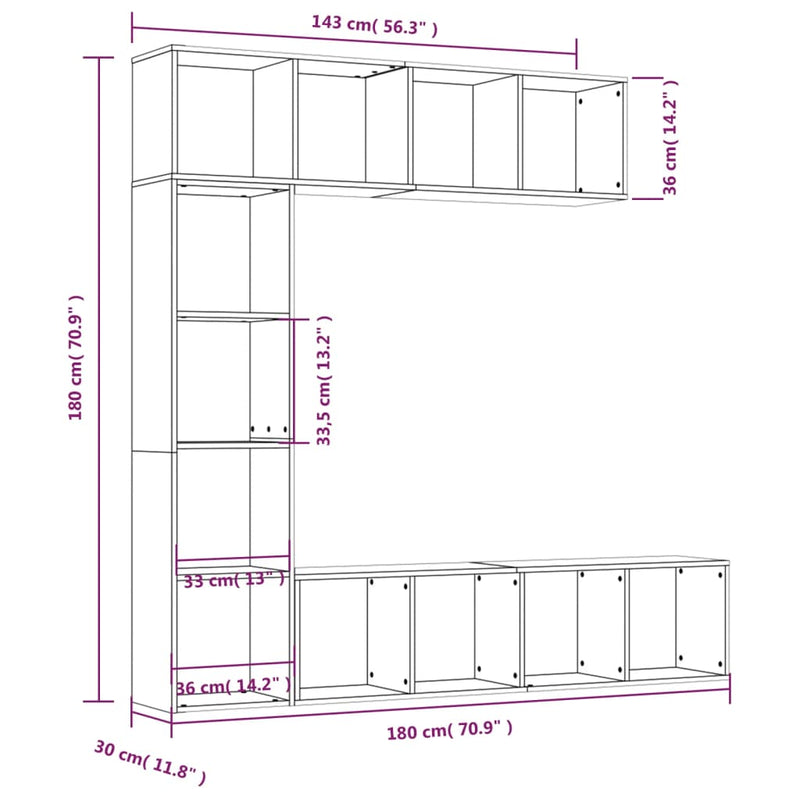 3-tlg. Bücherregal-/TV-Schrank-Set Grau Sonoma 180x30x180 cm