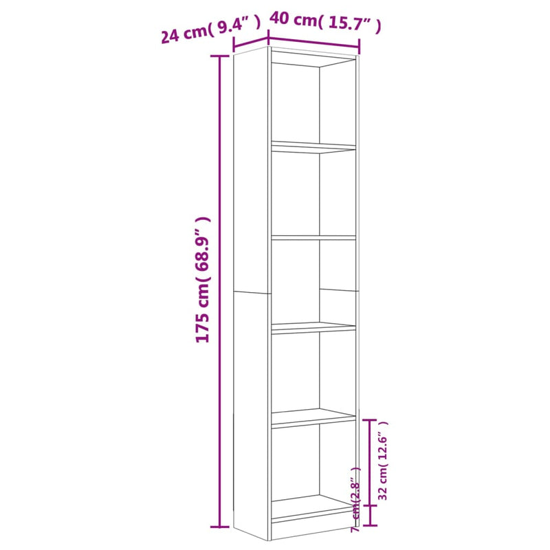 Bücherregal 5 Fächer Grau Sonoma 40x24x175 cm Holzwerkstoff