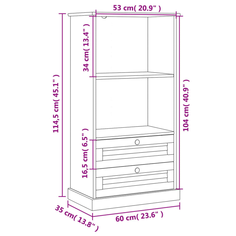 Bücherregal VIGO Grau 60x35x114,5 cm Massivholz Kiefer