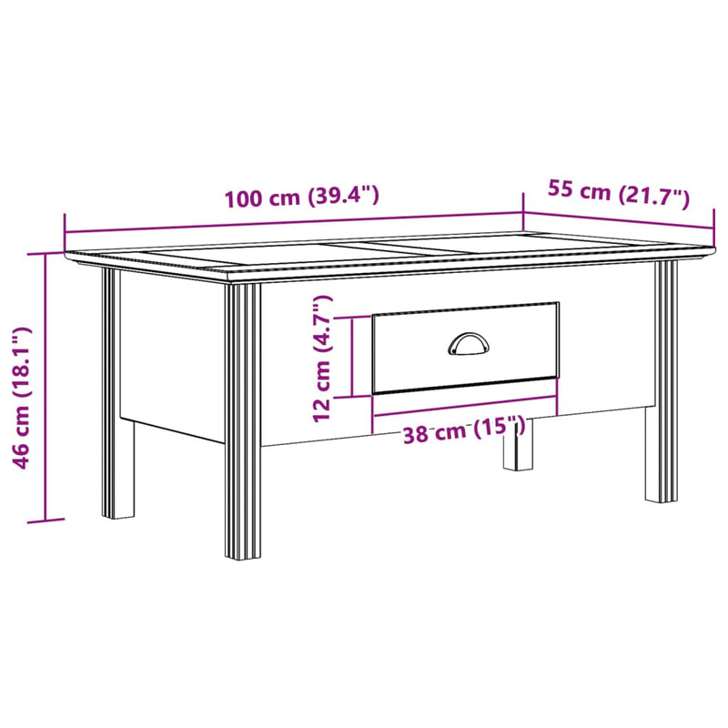 Couchtisch BODO Weiß 100x55x46 cm Massivholz Kiefer