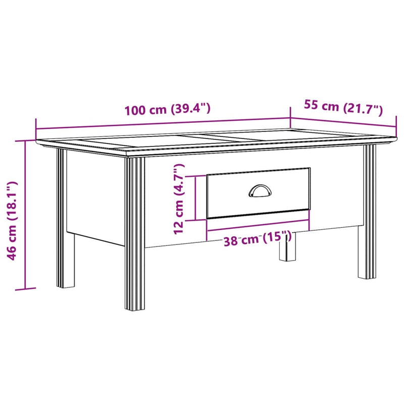 Couchtisch BODO Grau 100x55x46 cm Massivholz Kiefer