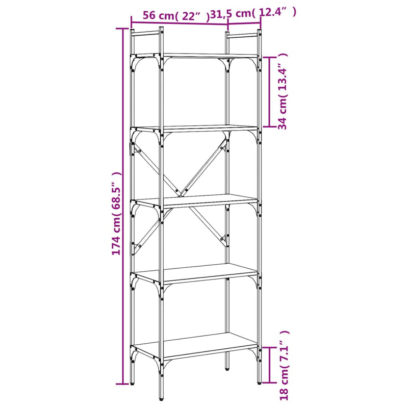 Bücherregal 5 Fächer Räuchereiche 56x31,5x174 cm Holzwerkstoff