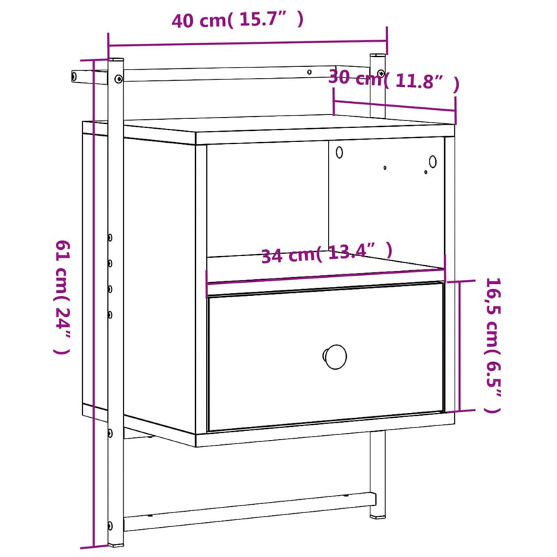 Wand-Nachttisch Grau Sonoma 40x30x61 cm Holzwerkstoff