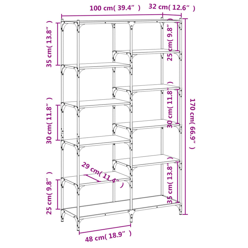 Bücherregal Räuchereiche 100x32x170 cm Holzwerkstoff und Eisen