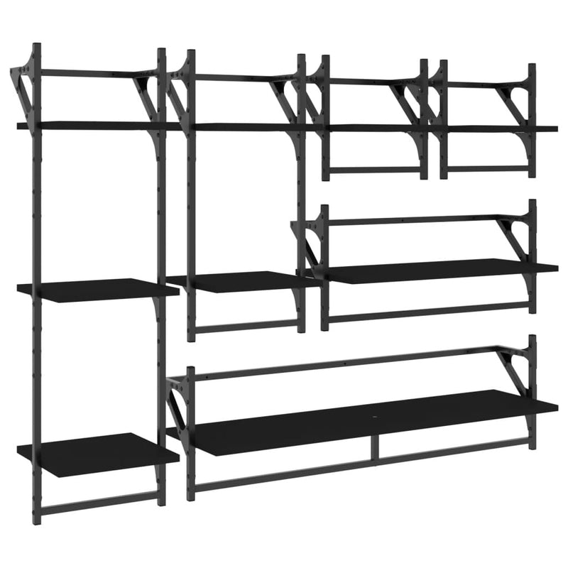 6-tlg. Wandregal-Set mit Stangen Schwarz Holzwerkstoff