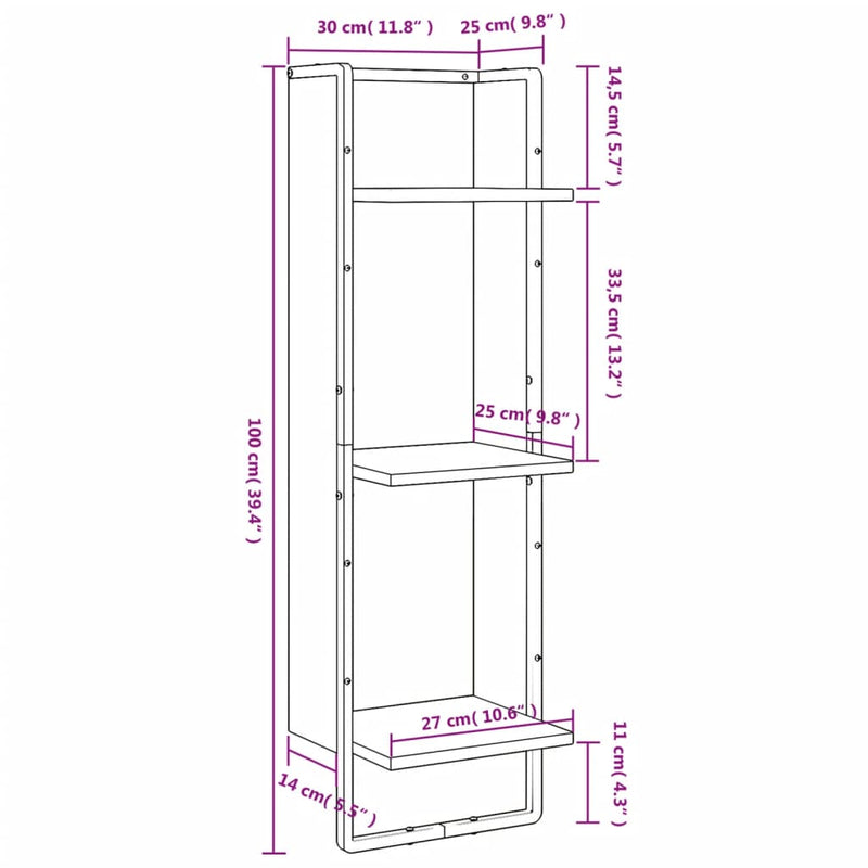 Wandregal 3 Fächer Grau Sonoma 30x25x100 cm Holzwerkstoff