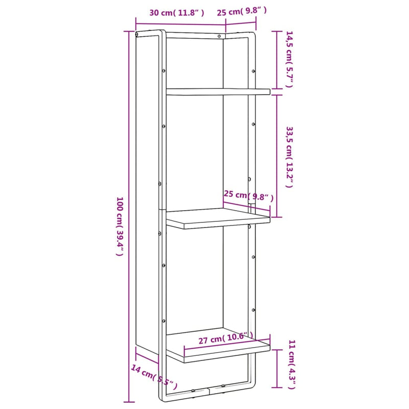 Wandregal 3 Fächer Braun Eichen-Optik 30x25x100cm Holzwerkstoff