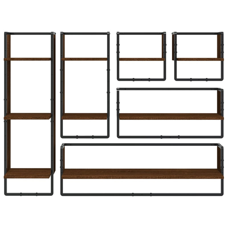 6-tlg. Wandregal-Set mit Stangen Braun Eichen-Optik