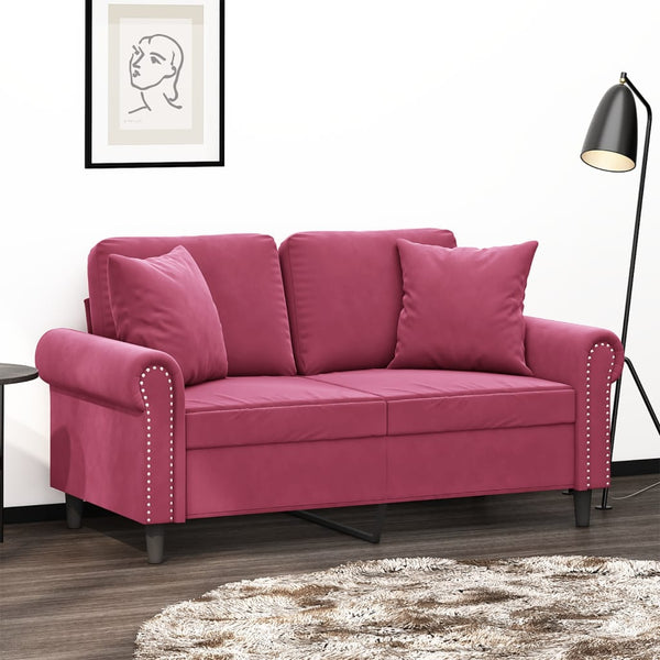 2-Sitzer-Sofa mit Zierkissen Weinrot 120 cm Samt