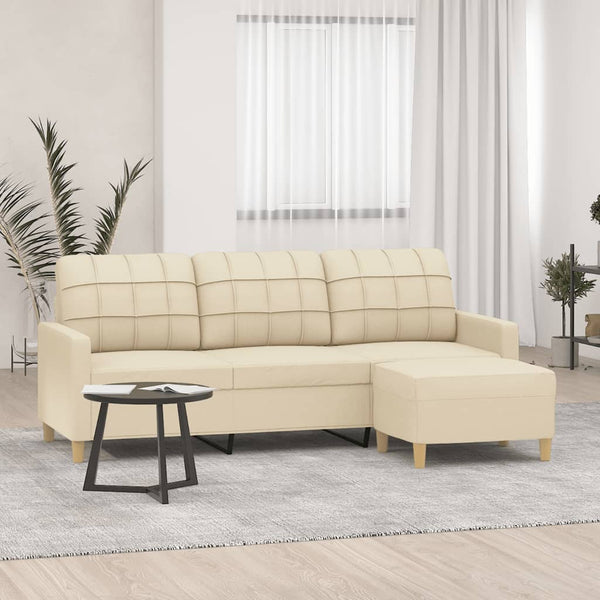 3-Sitzer-Sofa mit Hocker Creme 180 cm Stoff