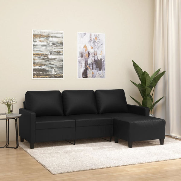 3-Sitzer-Sofa mit Hocker Schwarz 180 cm Kunstleder