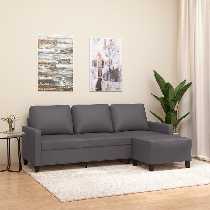 3-Sitzer-Sofa mit Hocker Grau 180 cm Kunstleder